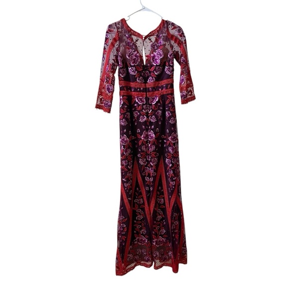 MARCHESA NOTTE Floral Guipure Lace Maxi Dress Gown Wine Sz 2 - Picture 4 of 10